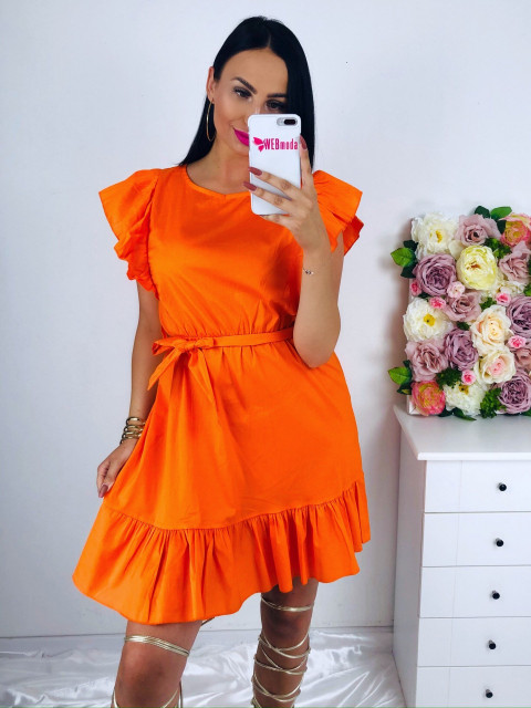 Dámské oranžové volánkové šaty s vázáním v pase