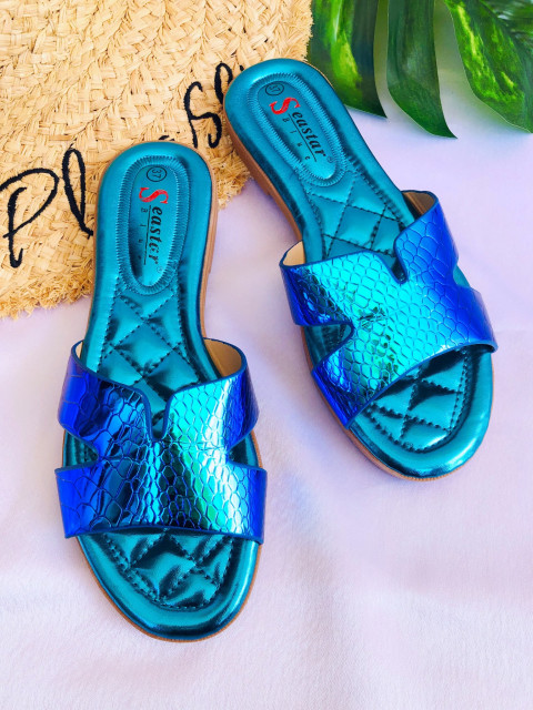 Dámské metalické modré pantofle