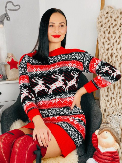 Vánoční svetrové šaty se soby černo-červené