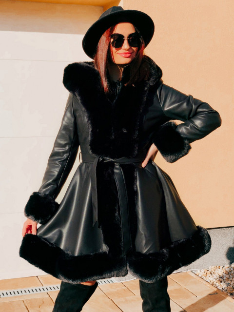 Dámská černá koženková bunda s kožešinou