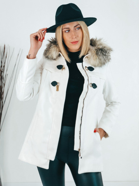 Dámský bílý kabát s kožešinovou kapucí