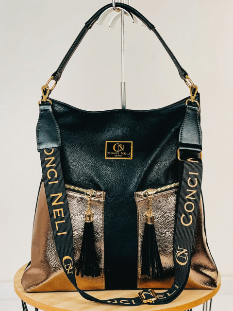 Dámská exkluzivní černo-zlatá kabelka se dvěma předními kapsami CONCI NELI