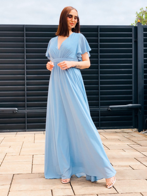 Dámské dlouhé společenské šaty s véčkovým výstřihem pro moletky - modré