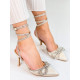 Exkluzivní dámské sandály s ozdobnými kamínky a mašlí - béžové