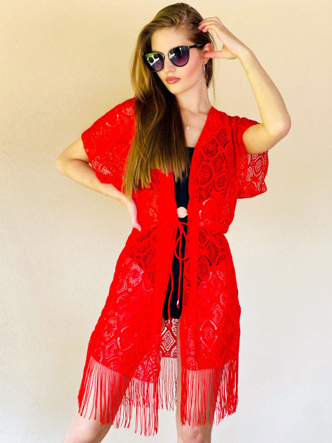 Dámské krajkové kimono s vázáním v pase - červené