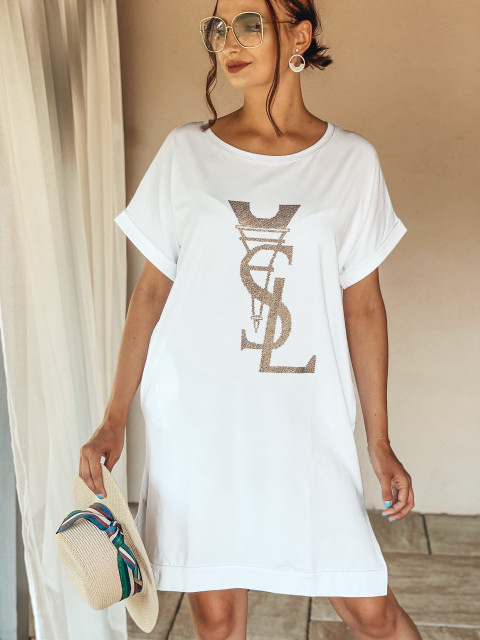 Dámské tričkové šaty s rozparkem YSL - bílé