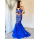 Exkluzivní dámské dlouhé společenské šaty s flitry - modré
