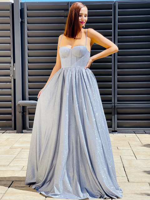 Exkluzivní dámské třpytivé společenské šaty - stříbrné