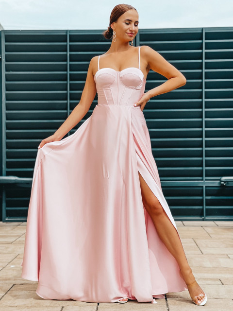 Exkluzivní dlouhé saténové společenské šaty s rozparkem - růžové