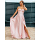 Exkluzivní dlouhé saténové společenské šaty s rozparkem - růžové