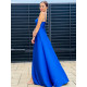 Exkluzivní dlouhé saténové společenské šaty s rozparkem - tmavě modrá