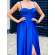 Exkluzivní dlouhé saténové společenské šaty s rozparkem - tmavě modrá