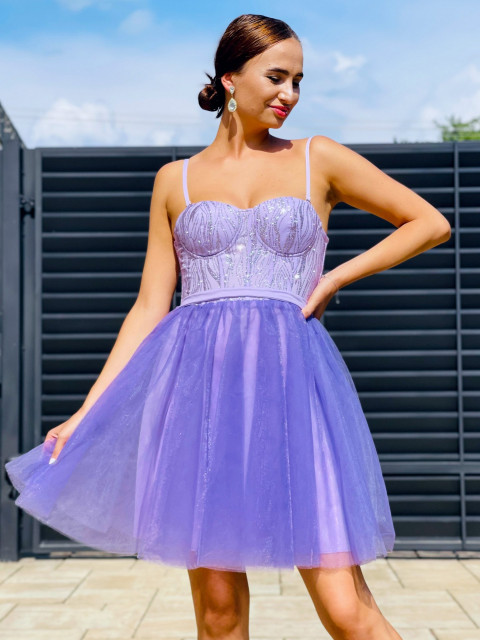 Dámské krátké áčkové šaty s tylovou sukní - fialové
