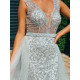 Exkluzivní dlouhé dámské společenské šaty s odnímatelnou tylovou sukní - stříbrné BB