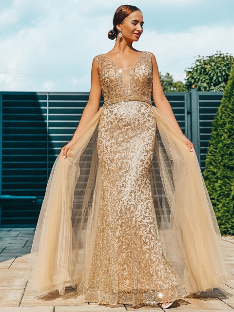 Exkluzivní dlouhé dámské společenské šaty s odnímatelnou tylovou sukní - zlaté BB