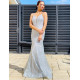Luxusní dlouhé třpytivé společenské šaty s vázáním - stříbrné