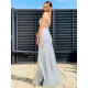 Luxusní dlouhé třpytivé společenské šaty s vázáním - stříbrné