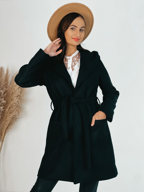 Dámský kabát s kapucí a páskem - černý