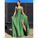 Exkluzivní dlouhé saténové společenské šaty s rozparkem - zelené