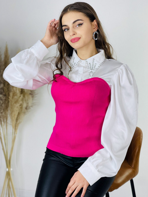 Dámský svetřík - košile s balonovými rukávy a kamínky - růžový
