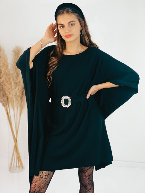Dámské svetříkové šaty s páskem a brož - černé