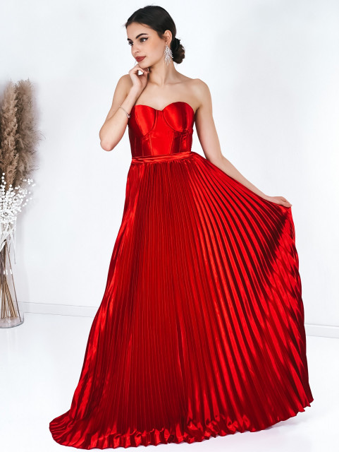 Dámské červené saténové šaty s plisovanou sukní Marily