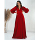 Exkluzivní dlouhé saténové společenské šaty s véčkovým výstřihem - červené