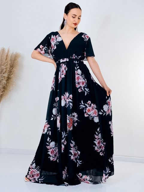 Dámské společenské šaty s květovaným potiskem pro moletky - černé - AFORA