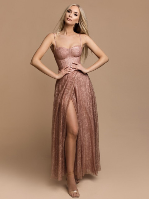 Exkluzivní třpytivé společenské šaty s rozparkem - růžové