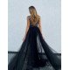Exkluzivní dlouhé dámské společenské šaty s odnímatelnou tylovou sukní - černé BB