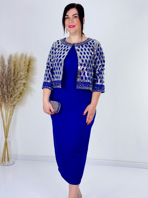Exkluzivní dámské společenské šaty pro moletky s flitrovaným sakem - modré