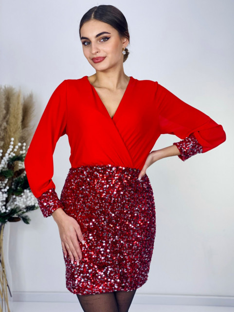Dámské párty kombinované šaty s flitrovanou sukní - červené