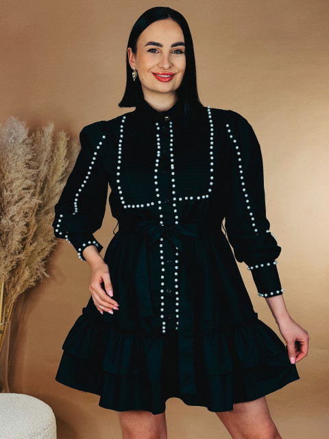 Dámské elegantní šaty s perličkami a páskem - černé
