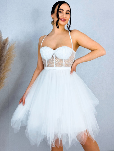 Dámské bílé krátké áčkové šaty s tylovou sukní 