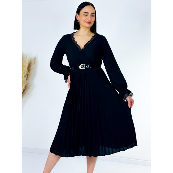 Dámské midi společenské šaty s krajkou a plisovanou sukní - černé