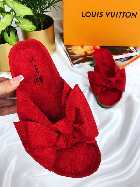 Dámské červené korkové pantofle s mašlí
