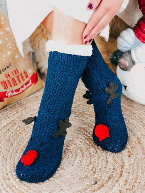 Modré zateplené vánoční ponožky se sobem