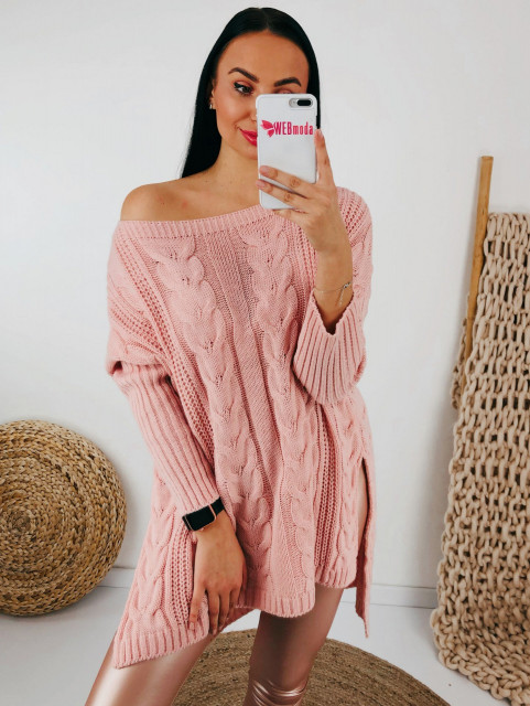 Růžový prodloužený pletený svetr