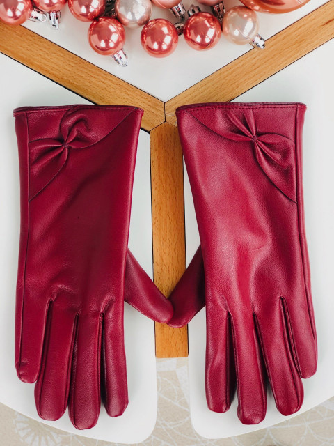 Bordové kožené rukavice s mašlí