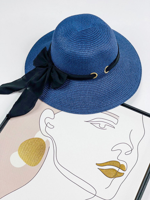 Dámský modrý slaměný klobouk s mašlí Metta