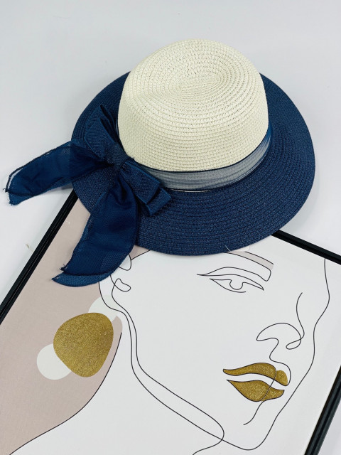 Dámský béžovo-modrý slaměný klobouk s mašlí Heruenna