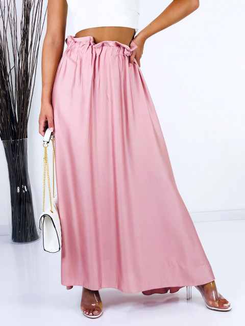 Dámská růžová saténová dlouhá sukně s gumičkou v pase