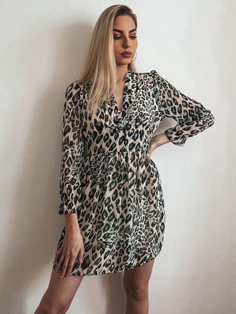 Dámské šedé leopardí šaty s knoflíky