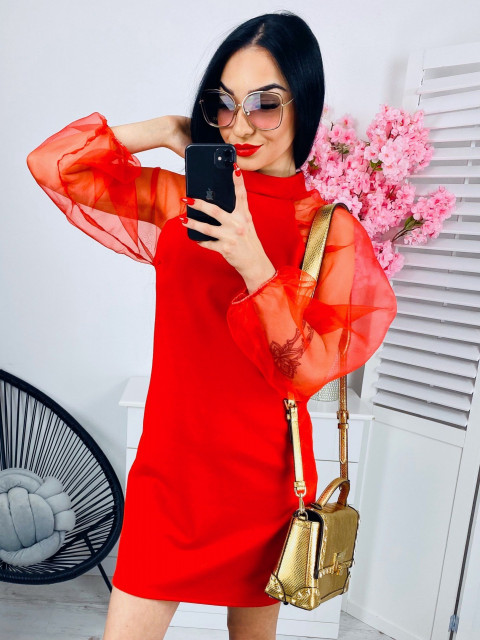 Dámské červené šaty s Balónkové rukávy - KAZOVÉ