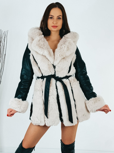 Exkluzivní černo-béžová kožešinová bunda s kapucí