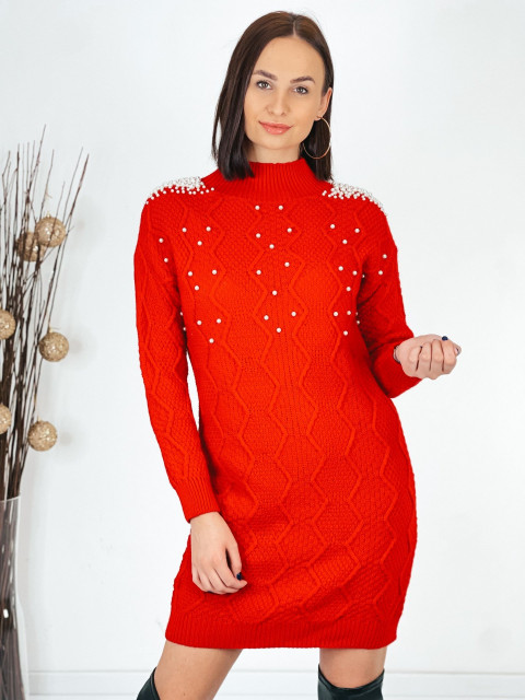Dámské červené svetříkové šaty s perličkami