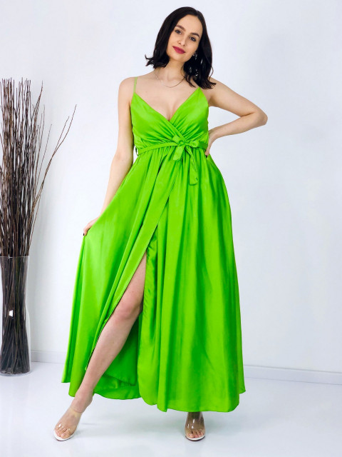 Dámské dlouhé neonově zelené saténové šaty