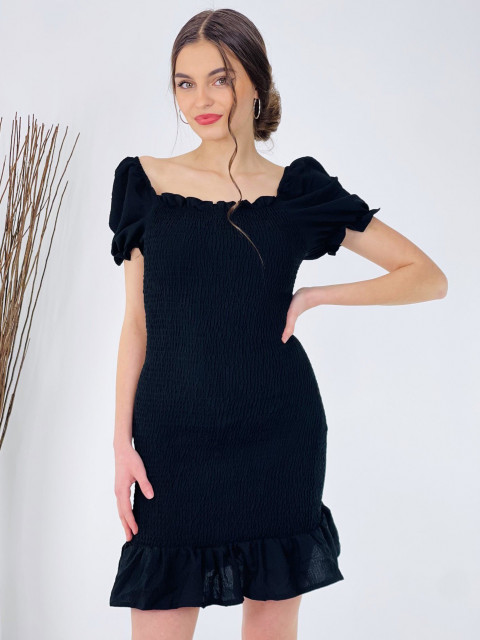 Dámské nasbírané mini šaty na ramena - černá