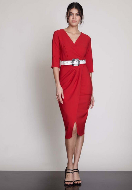 Dámské červené společenské šaty s páskem
