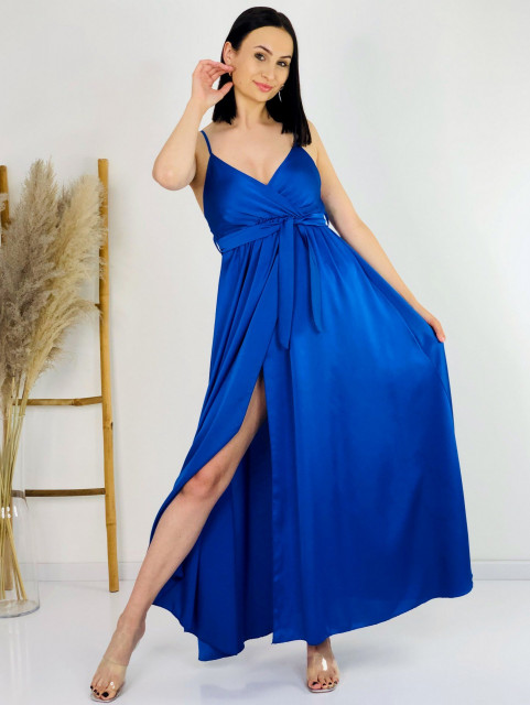 Dámské dlouhé modré saténové šaty